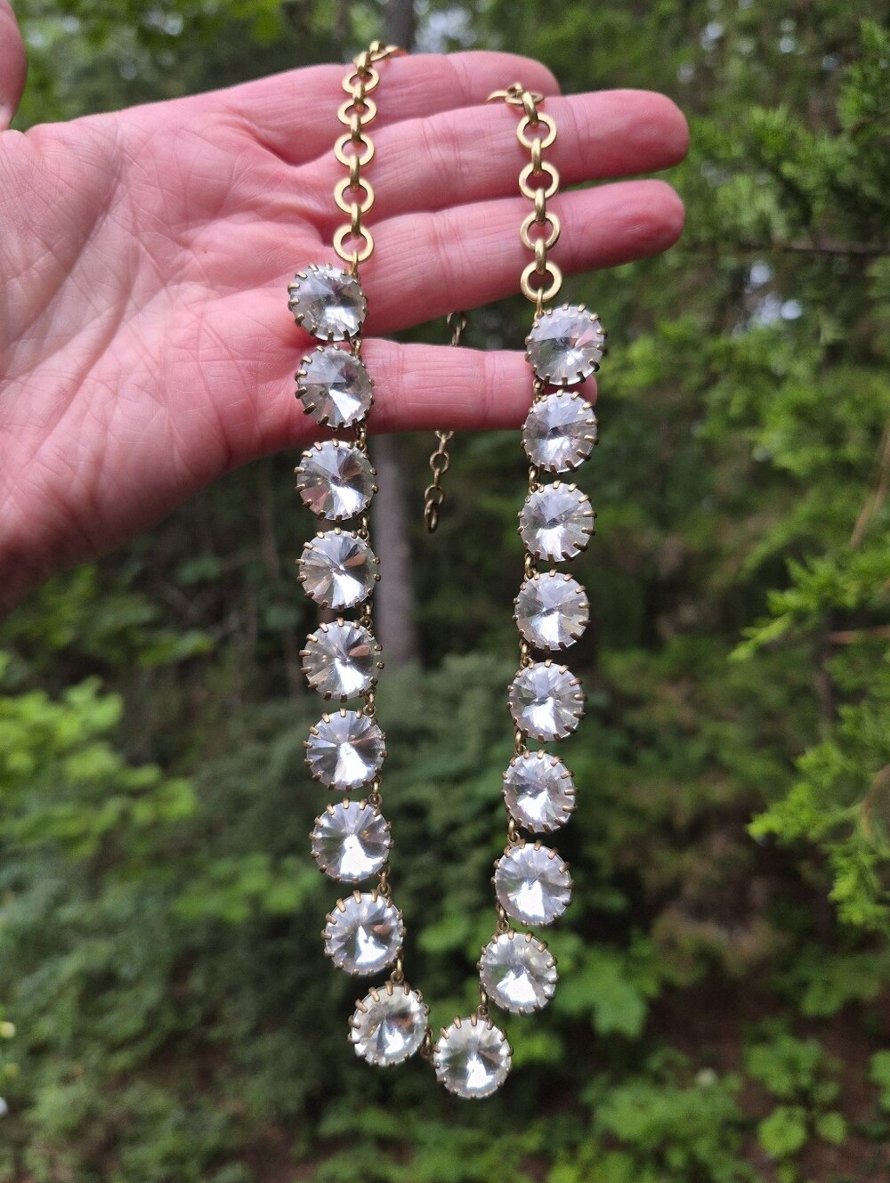 J Crew Rivoli Clear Crystal Statement Necklace Antiqued Gold Tone Brass Plated
